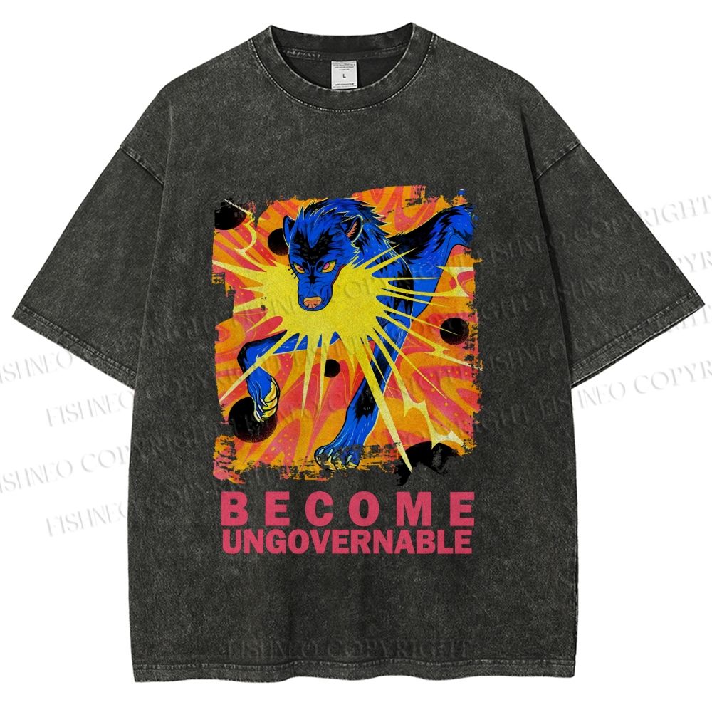 Unisex Blue Wolf Printed Washed Tee