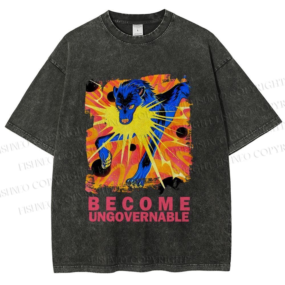 Unisex Blue Wolf Printed Washed Tee