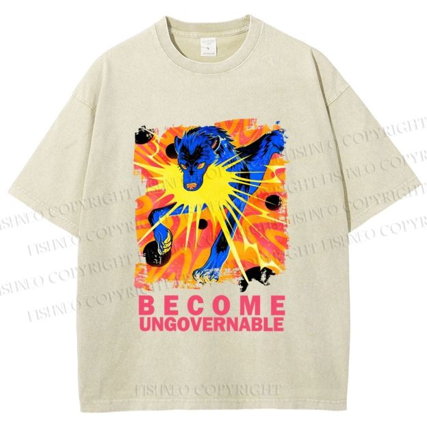 Unisex Blue Wolf Printed Washed Tee