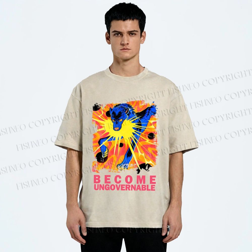 Unisex Blue Wolf Printed Washed Tee