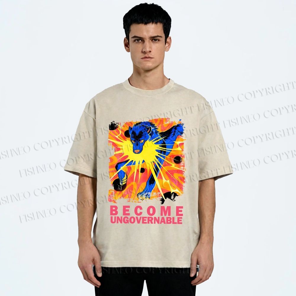 Unisex Blue Wolf Printed Washed Tee