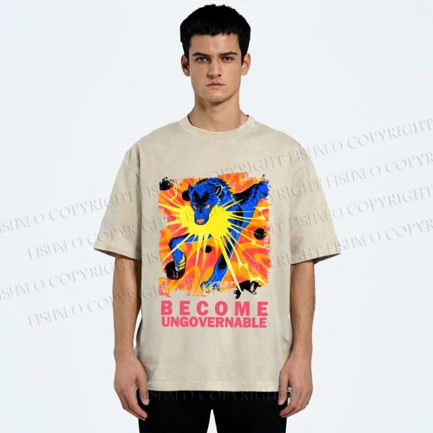 Unisex Blue Wolf Printed Washed Tee