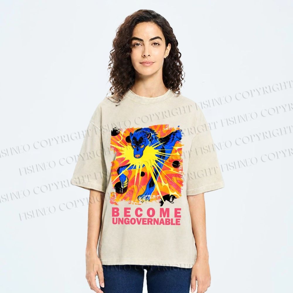 Unisex Blue Wolf Printed Washed Tee