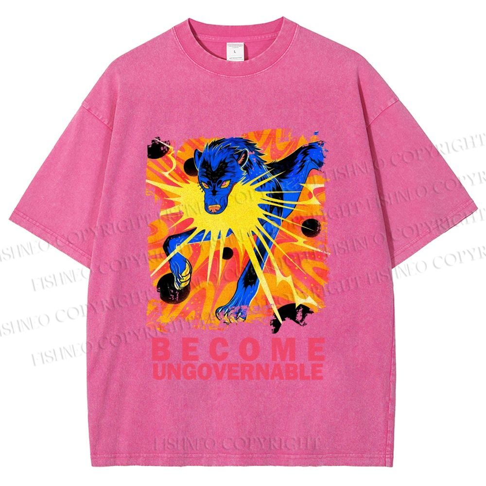 Unisex Blue Wolf Printed Washed Tee