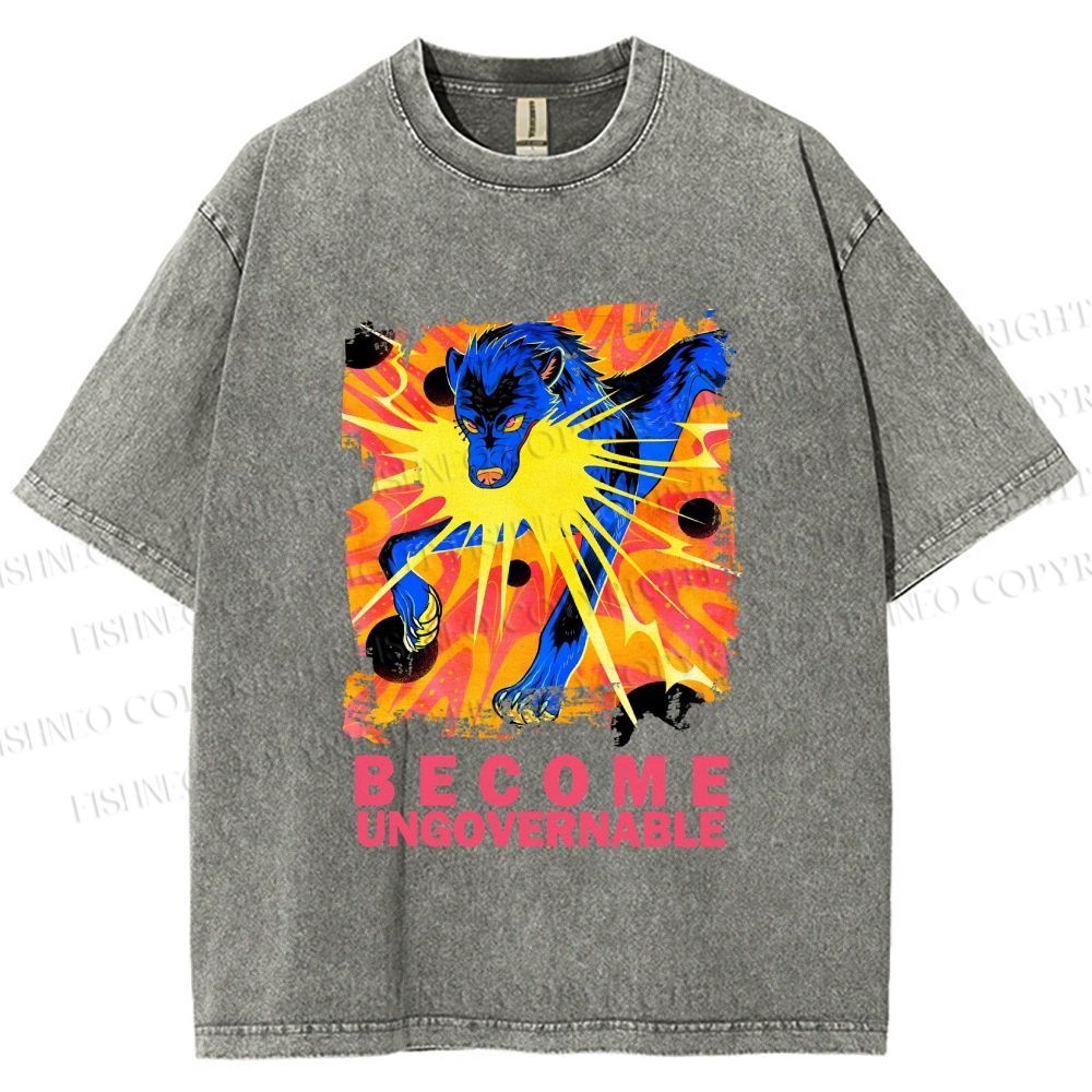 Unisex Blue Wolf Printed Washed Tee