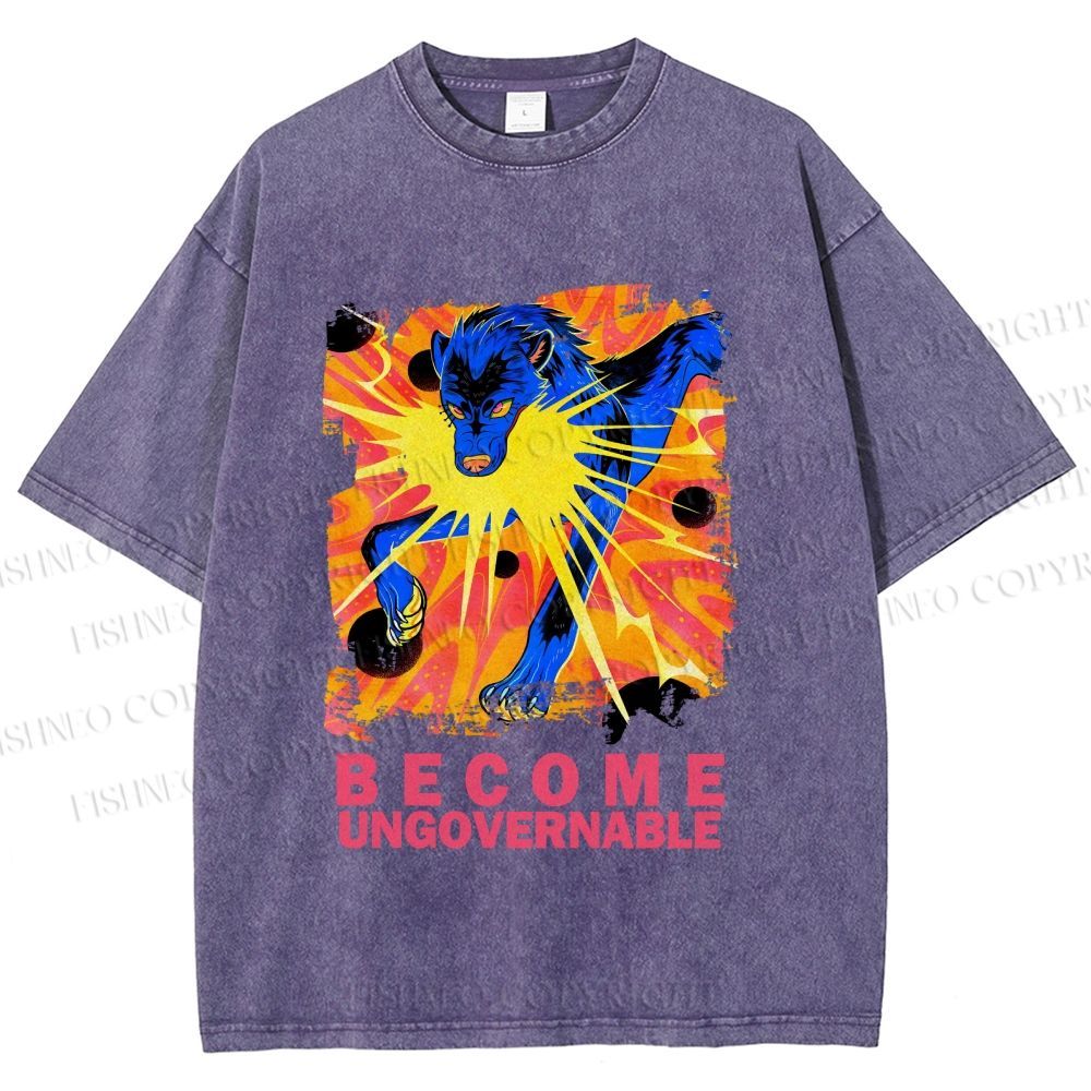 Unisex Blue Wolf Printed Washed Tee