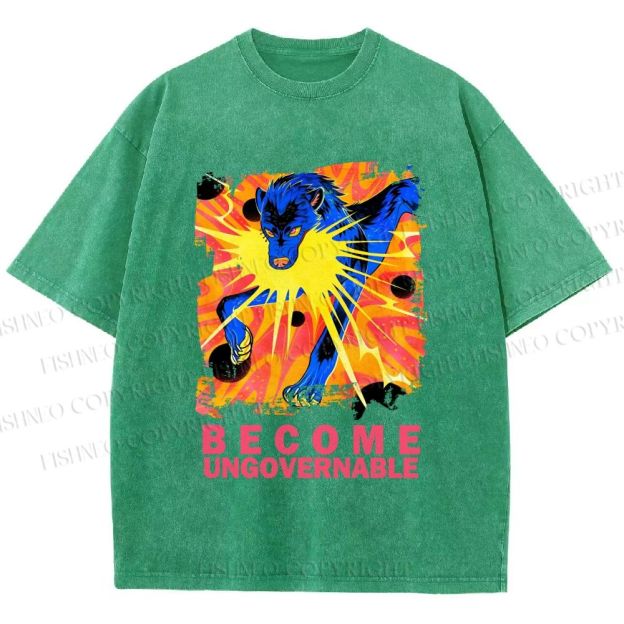 Unisex Blue Wolf Printed Washed Tee