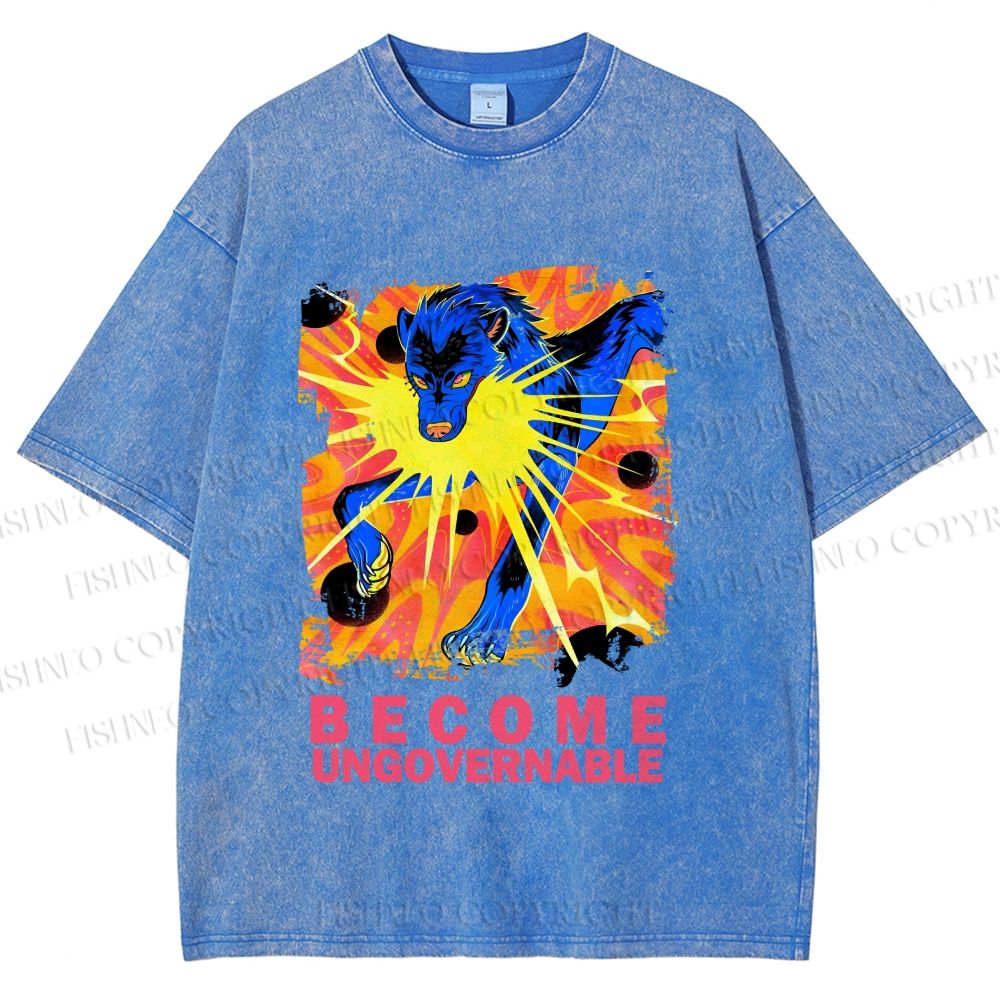 Unisex Blue Wolf Printed Washed Tee