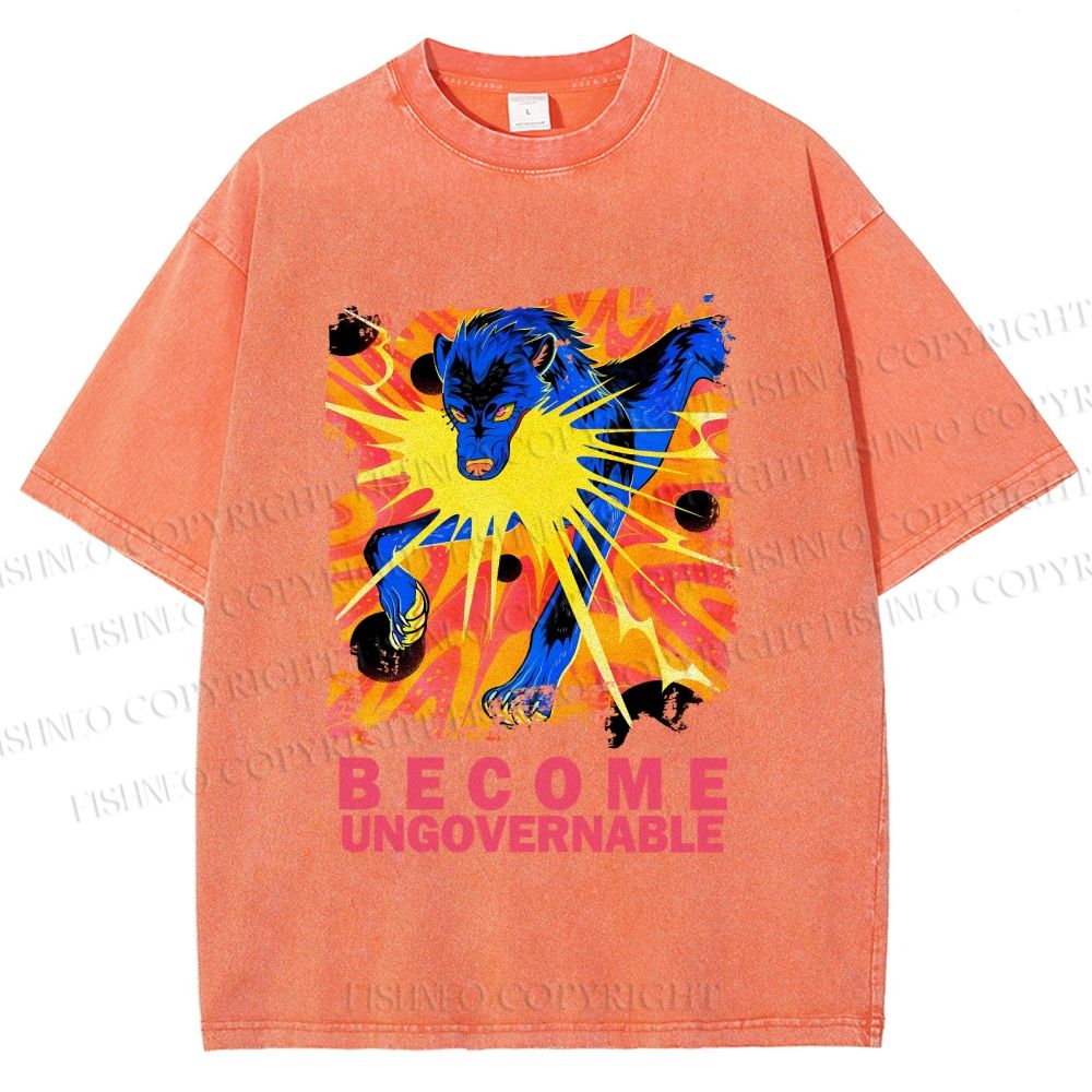 Unisex Blue Wolf Printed Washed Tee