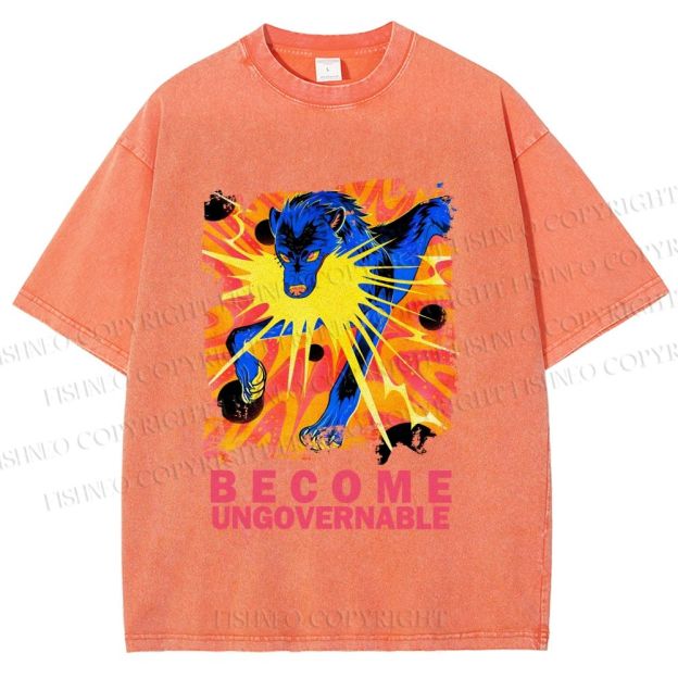 Unisex Blue Wolf Printed Washed Tee