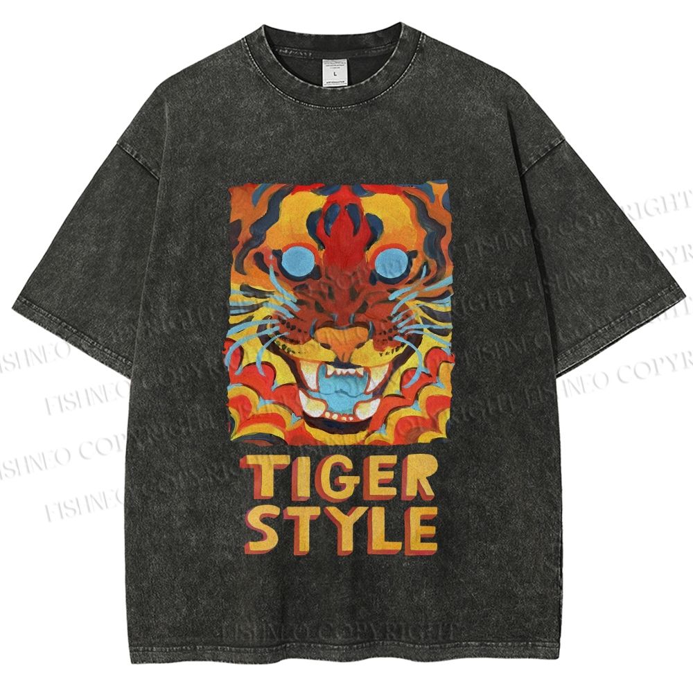 Unisex Tiger Printed Washed Tee