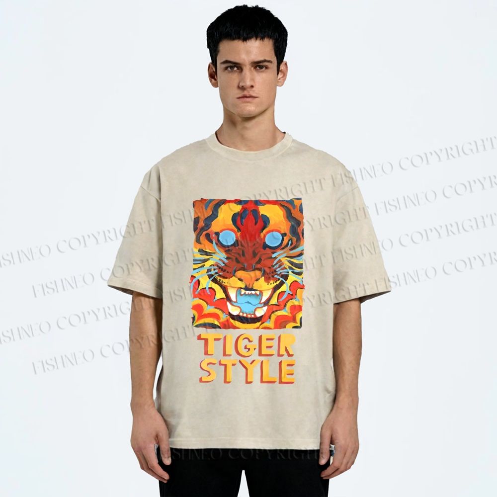Unisex Tiger Printed Washed Tee