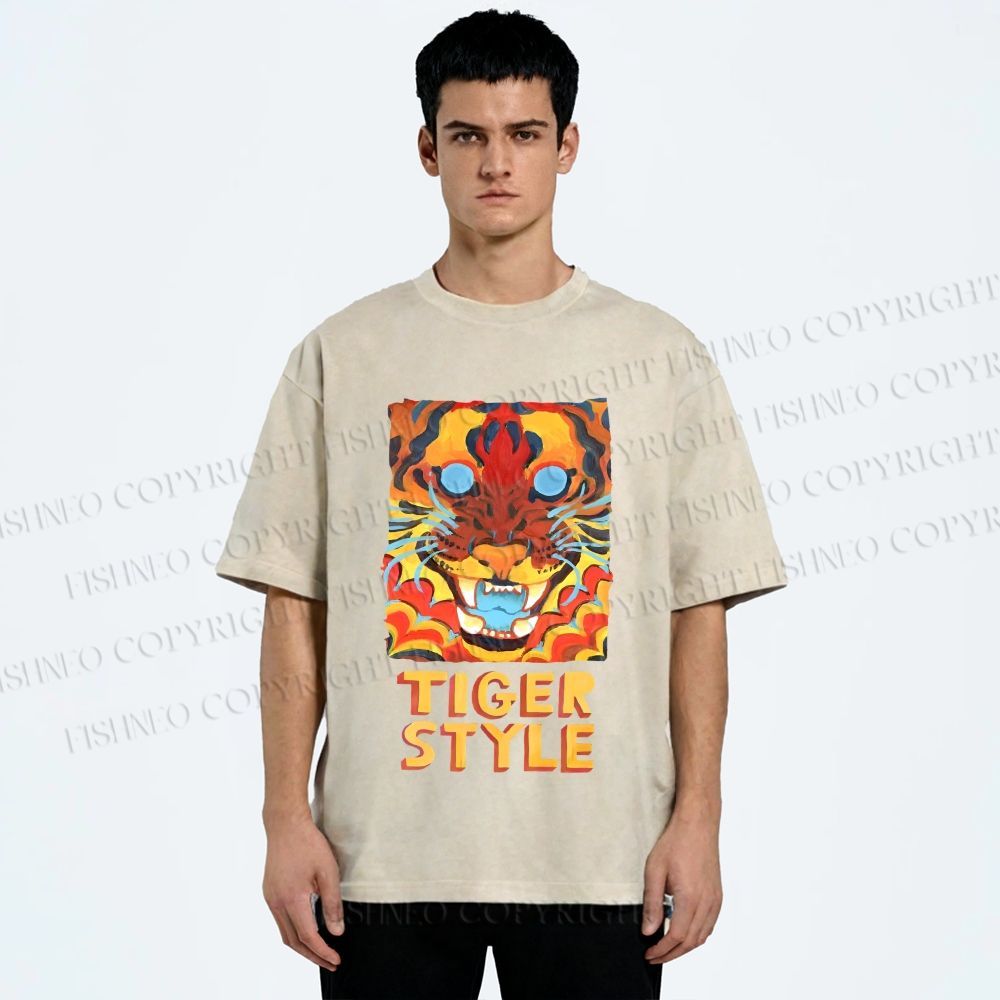 Unisex Tiger Printed Washed Tee