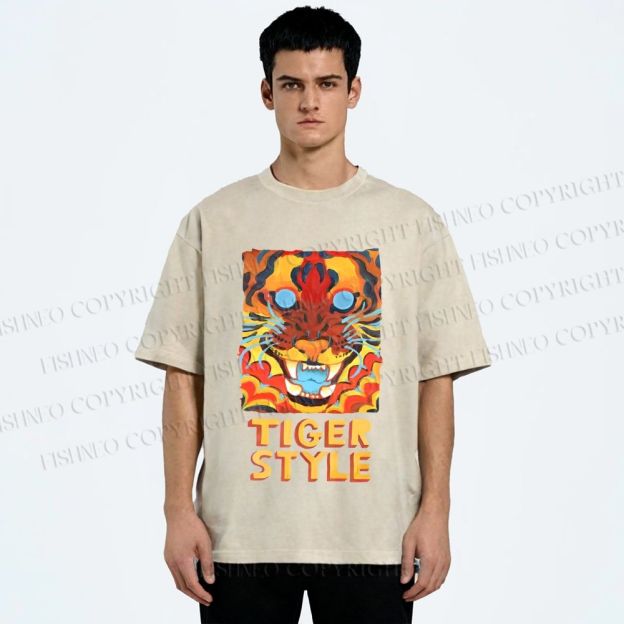 Unisex Tiger Printed Washed Tee
