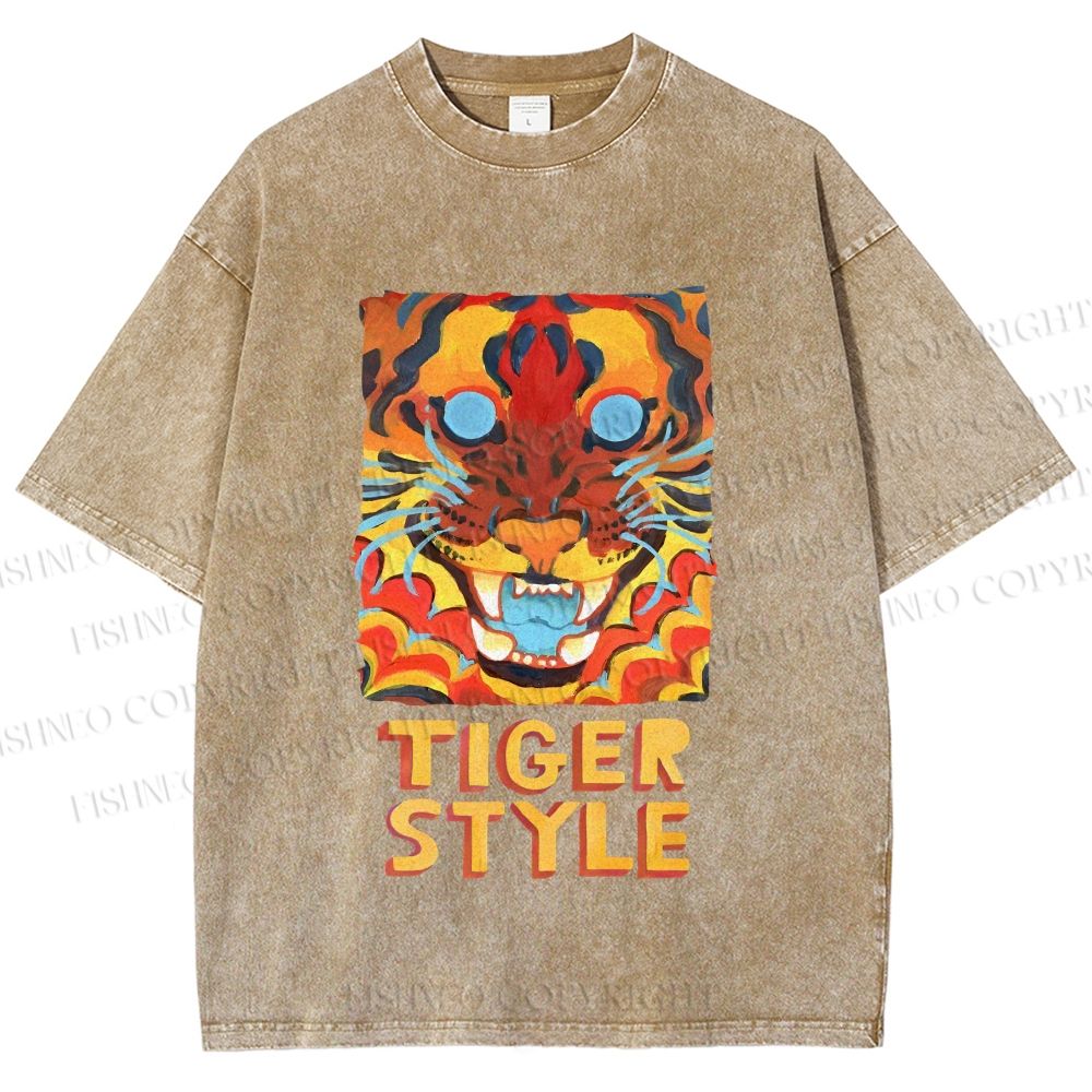 Unisex Tiger Printed Washed Tee