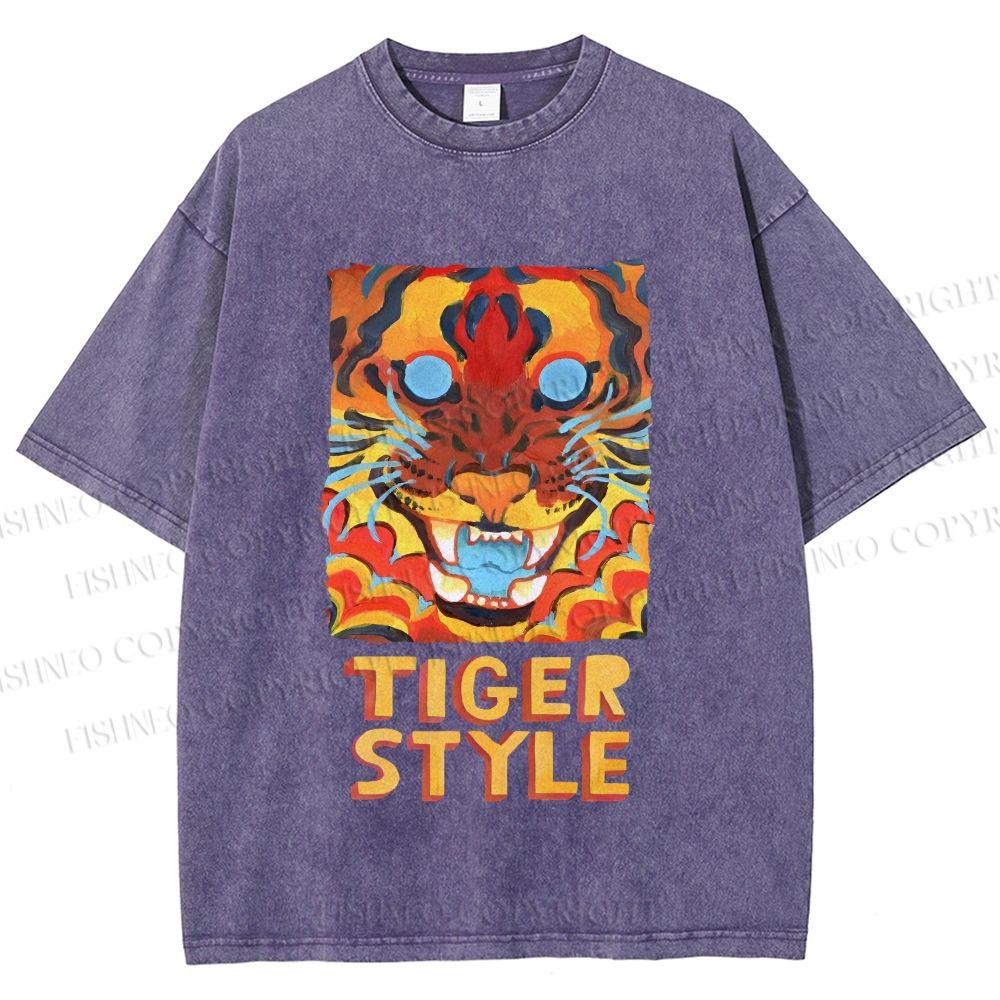 Unisex Tiger Printed Washed Tee