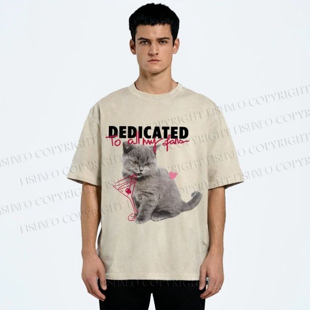 Unisex Cocktail Cat Dedicated to Fans Printed Washed Tee