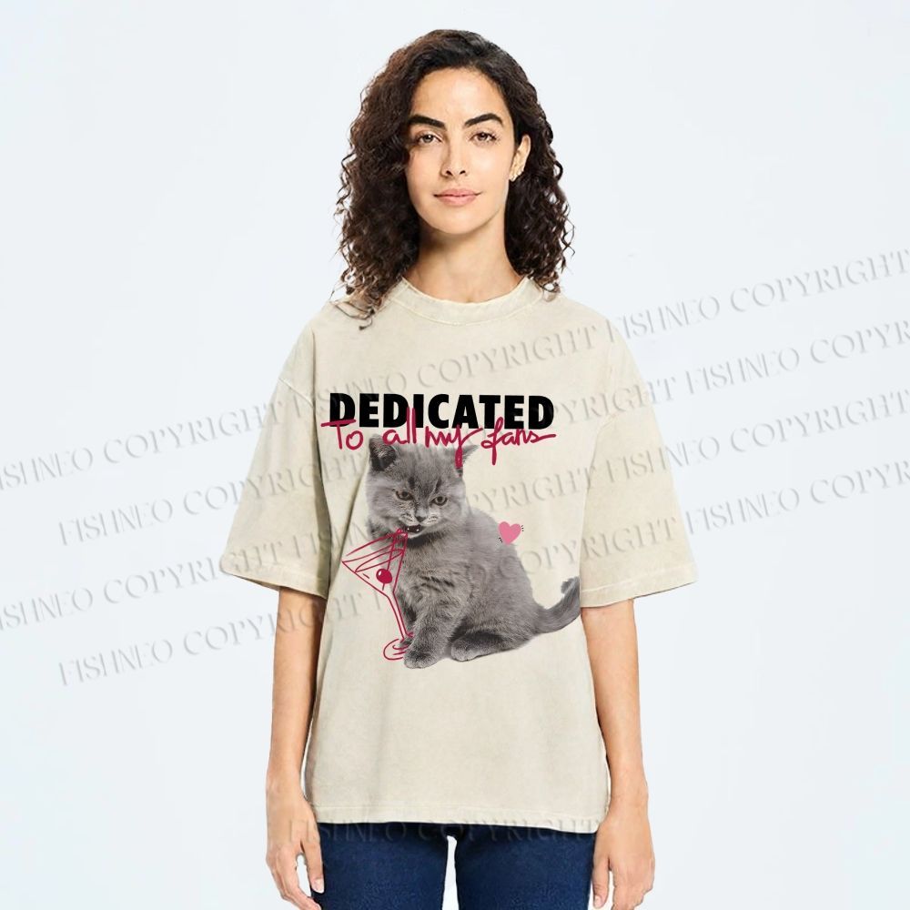 Unisex Cocktail Cat Dedicated to Fans Printed Washed Tee