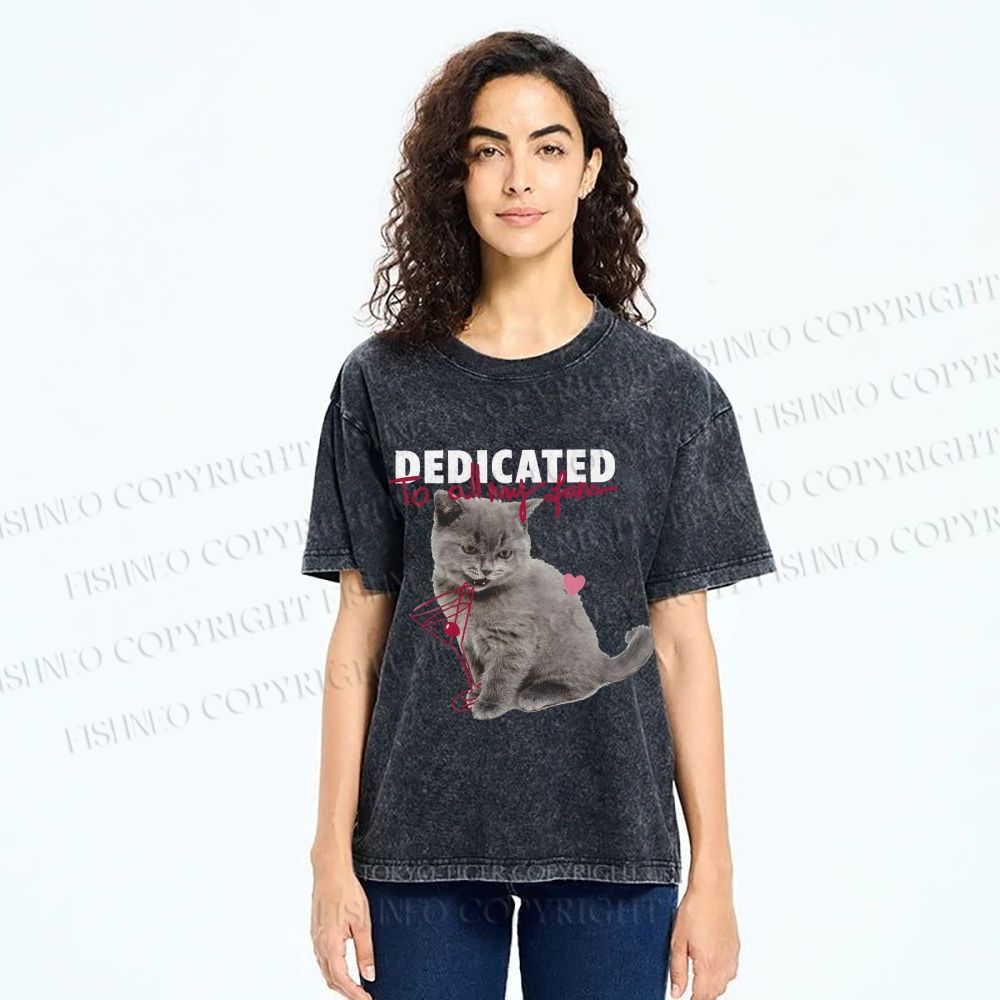 Unisex Cocktail Cat Dedicated to Fans Printed Washed Tee