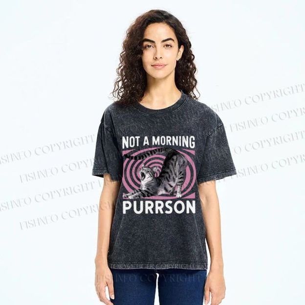 Unisex Not a Morning Purrson Cat Printed Washed Tee