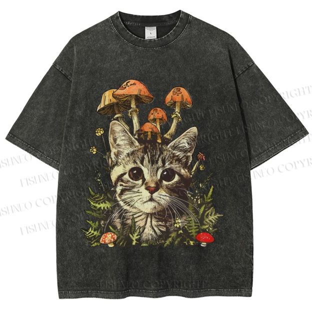 Unisex Mushroom Forest Kitten Printed Washed Tee