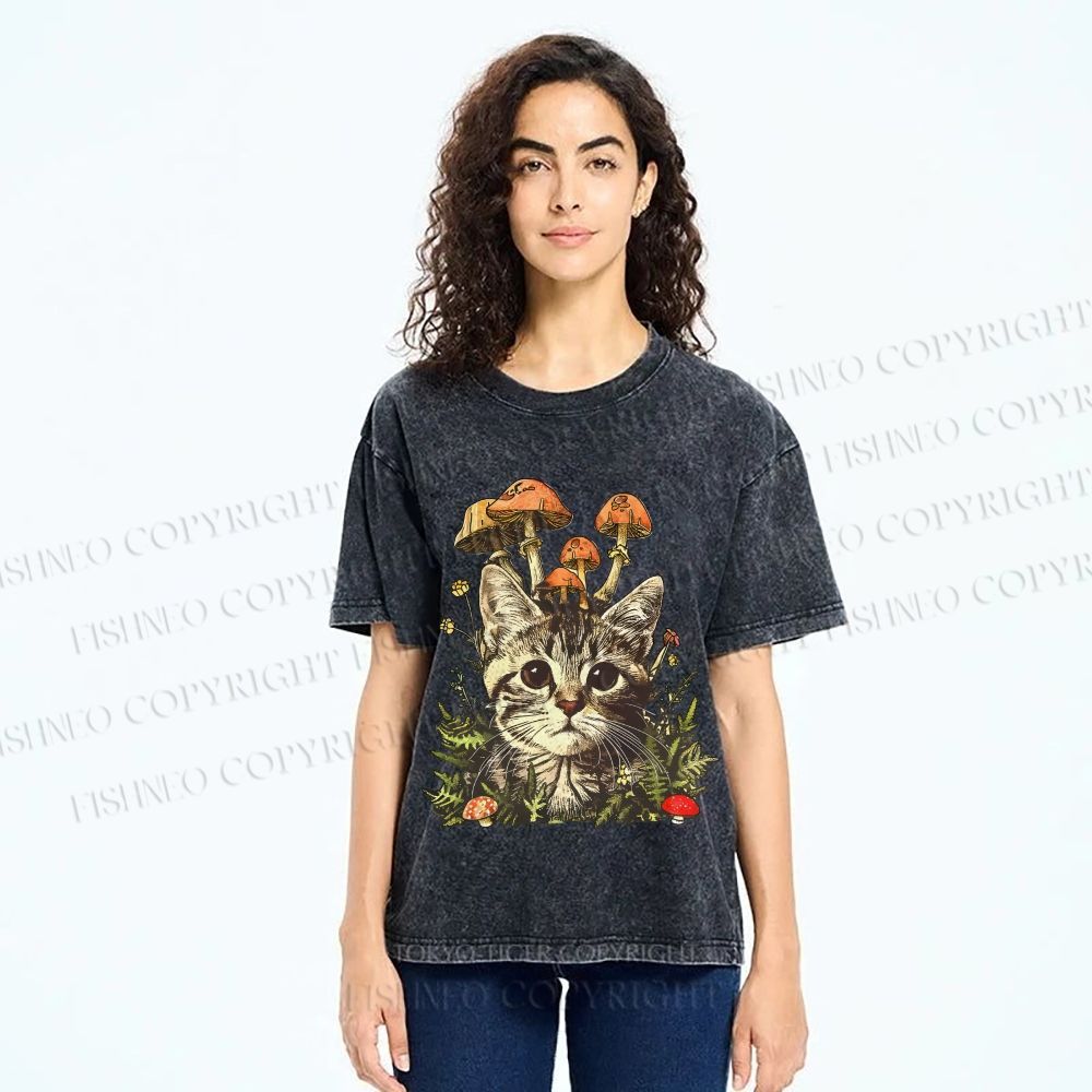 Unisex Mushroom Forest Kitten Printed Washed Tee