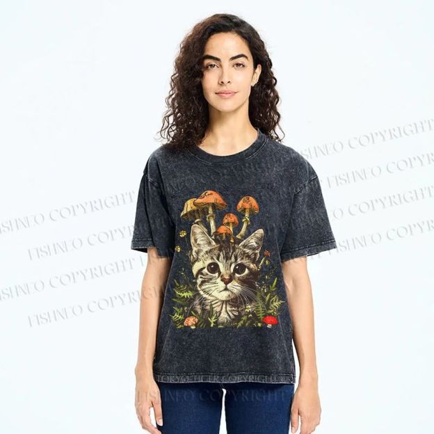 Unisex Mushroom Forest Kitten Printed Washed Tee