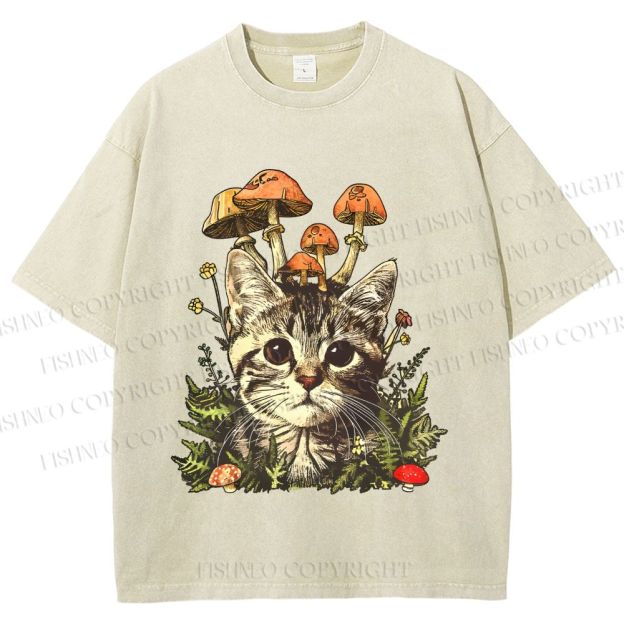Unisex Mushroom Forest Kitten Printed Washed Tee
