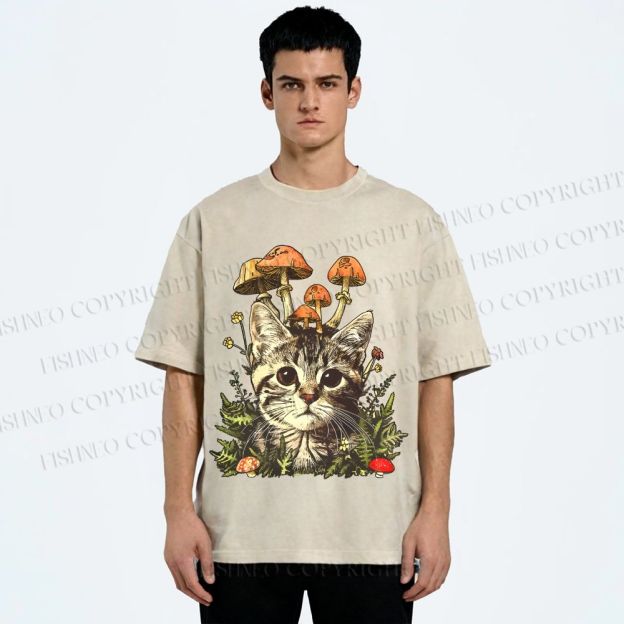 Unisex Mushroom Forest Kitten Printed Washed Tee