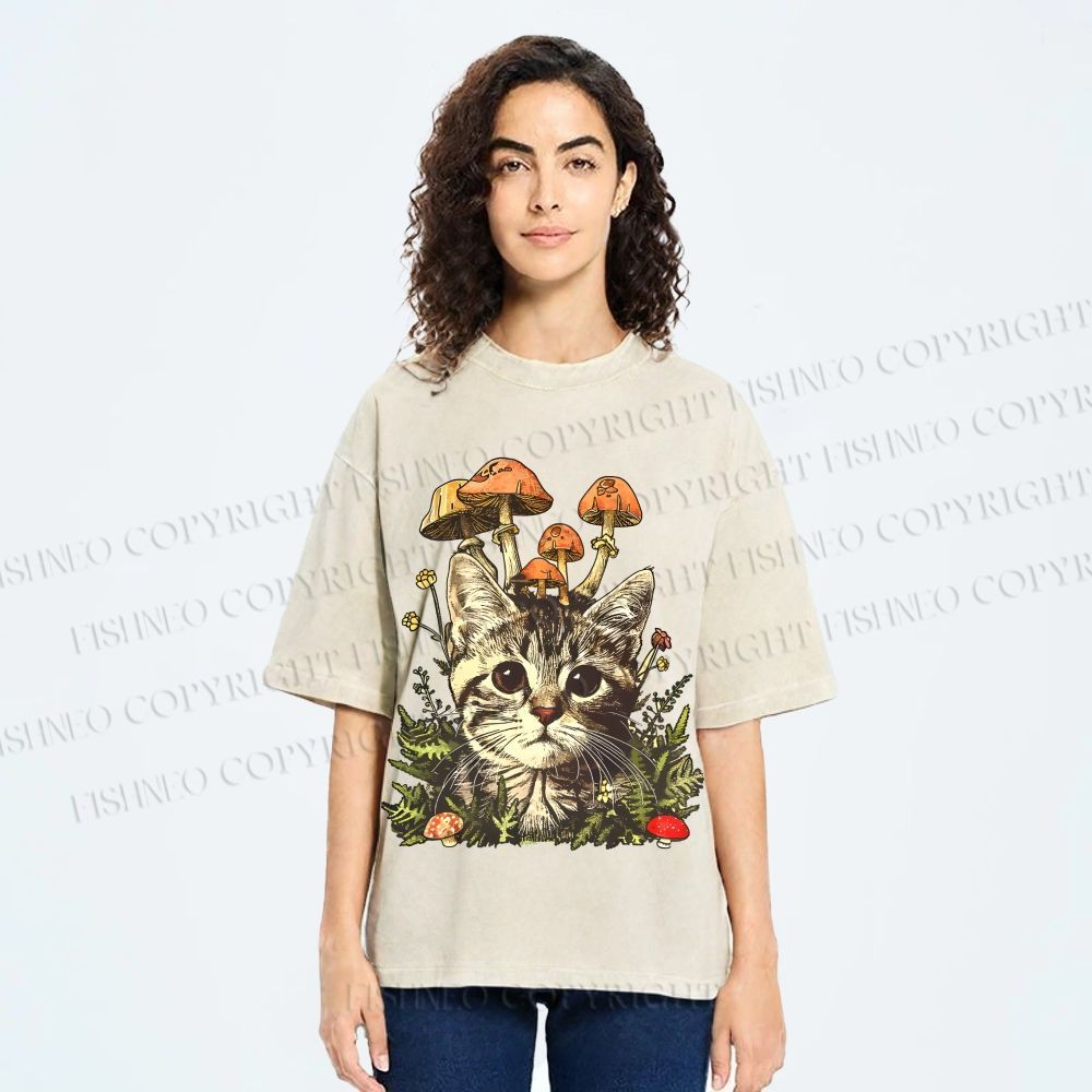 Unisex Mushroom Forest Kitten Printed Washed Tee
