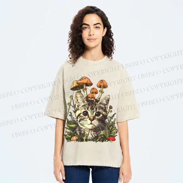 Unisex Mushroom Forest Kitten Printed Washed Tee