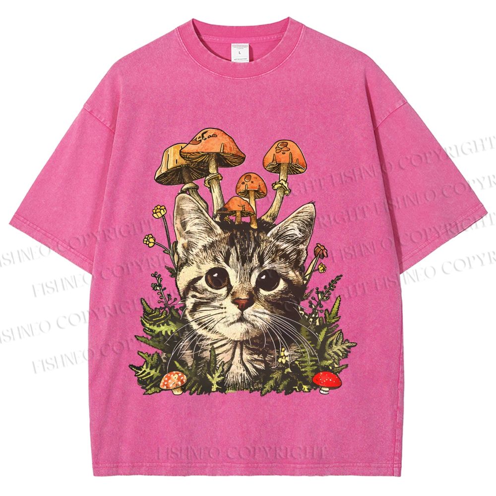 Unisex Mushroom Forest Kitten Printed Washed Tee