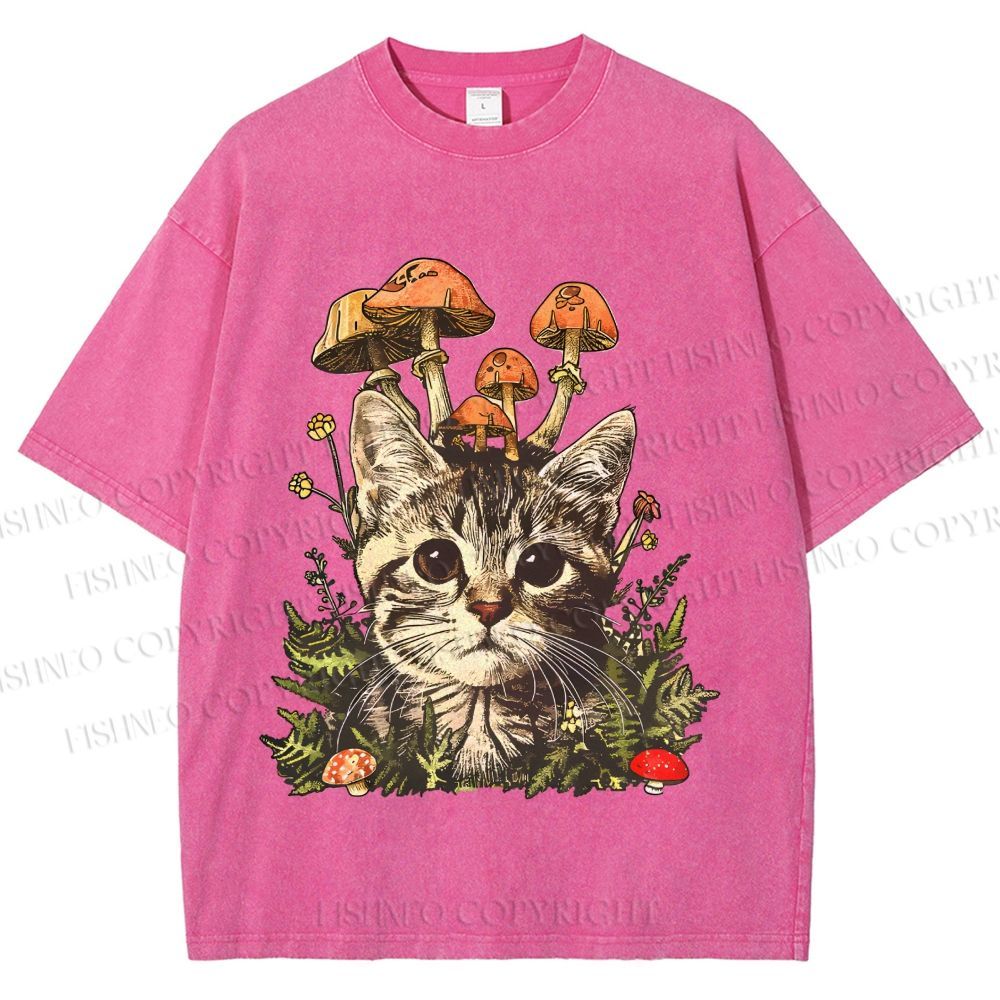 Unisex Mushroom Forest Kitten Printed Washed Tee
