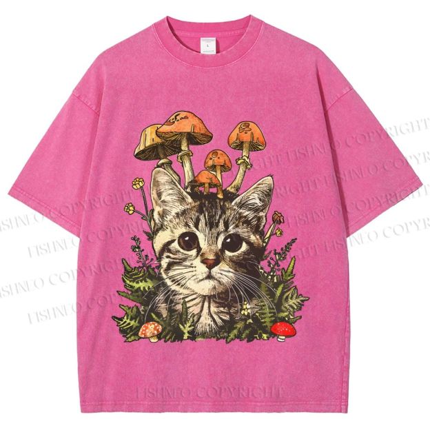 Unisex Mushroom Forest Kitten Printed Washed Tee