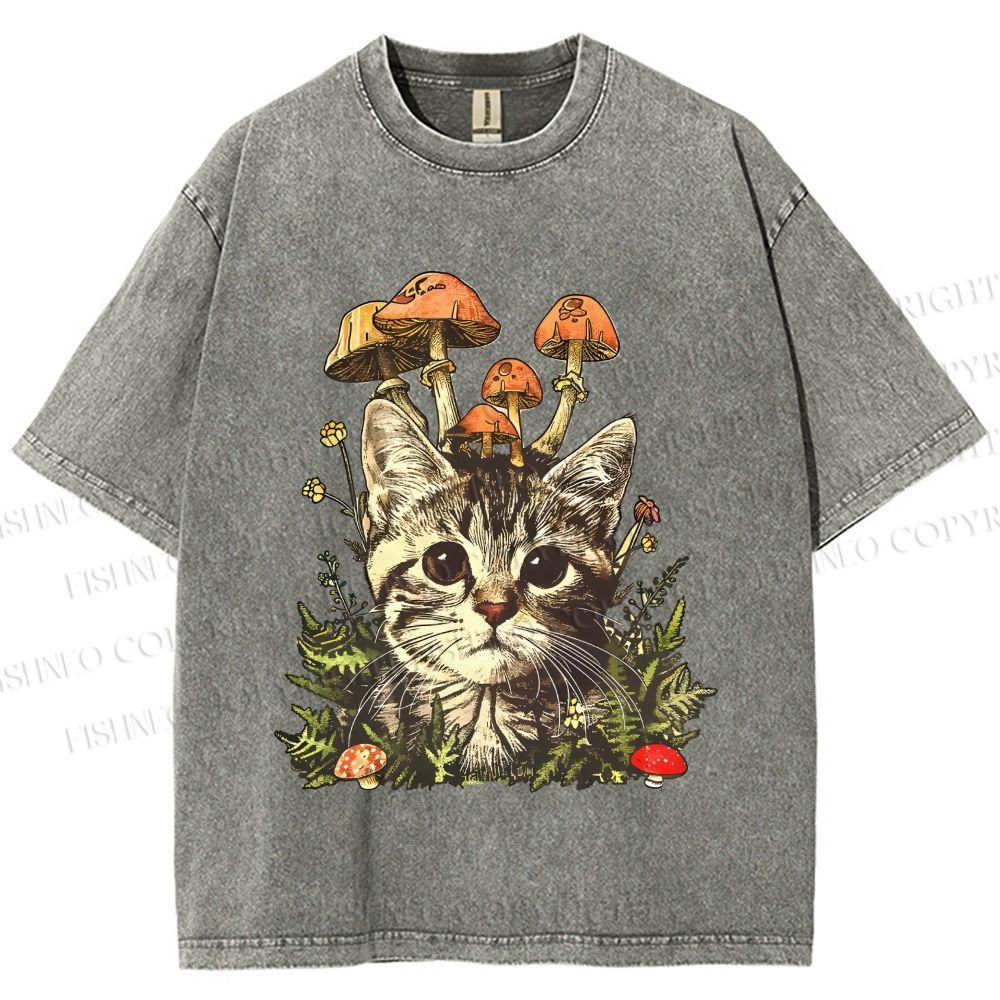 Unisex Mushroom Forest Kitten Printed Washed Tee