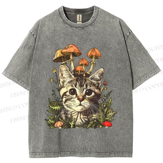 Unisex Mushroom Forest Kitten Printed Washed Tee
