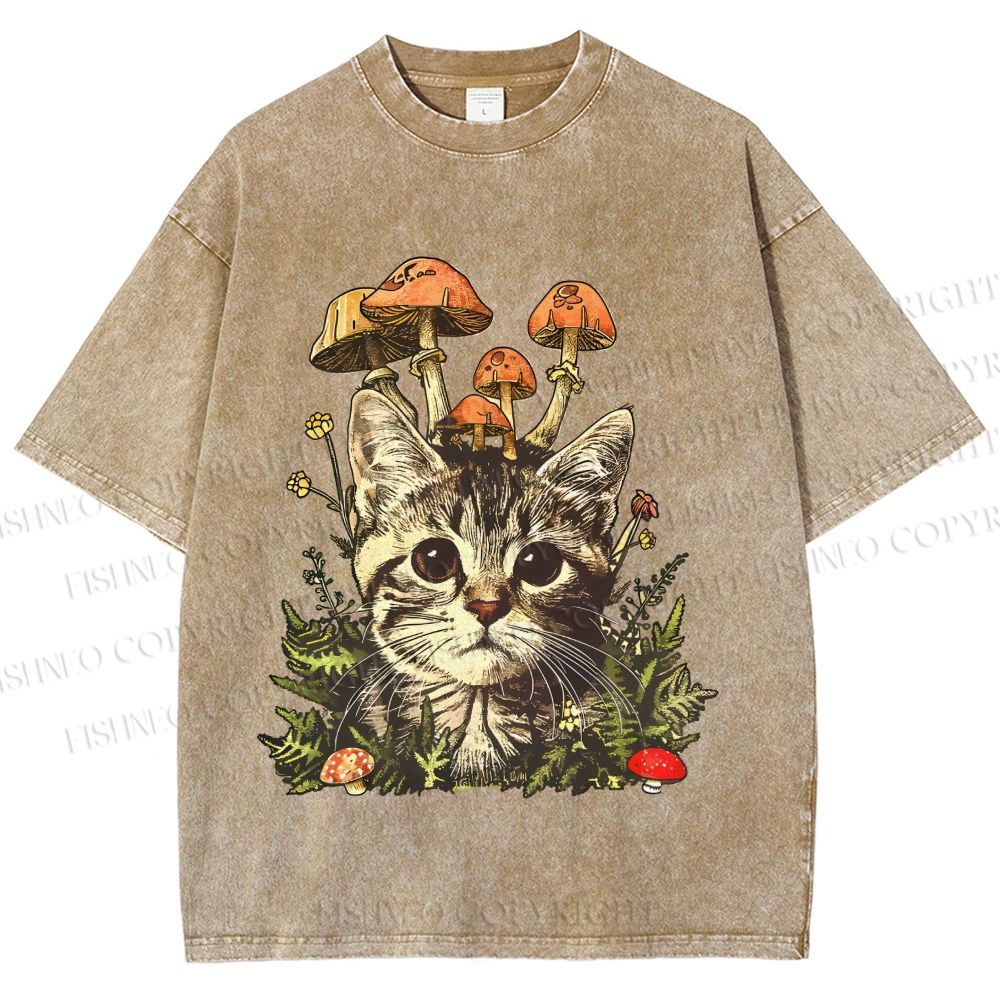 Unisex Mushroom Forest Kitten Printed Washed Tee