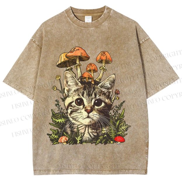 Unisex Mushroom Forest Kitten Printed Washed Tee