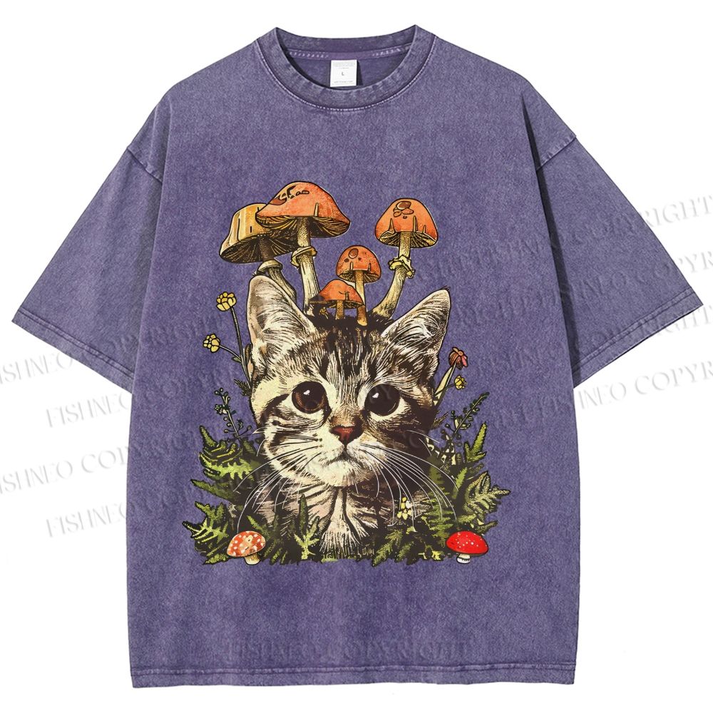 Unisex Mushroom Forest Kitten Printed Washed Tee