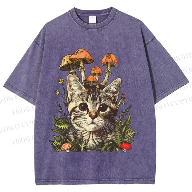 Unisex Mushroom Forest Kitten Printed Washed Tee