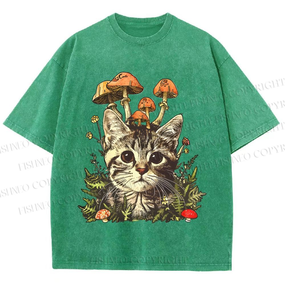 Unisex Mushroom Forest Kitten Printed Washed Tee
