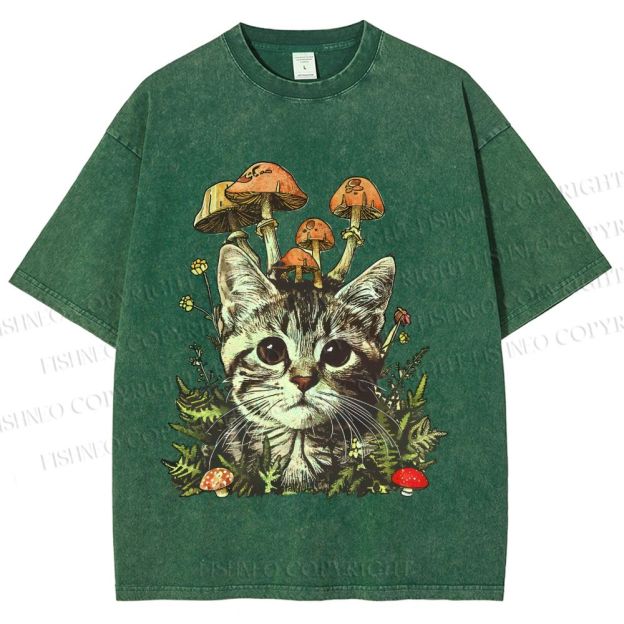 Unisex Mushroom Forest Kitten Printed Washed Tee