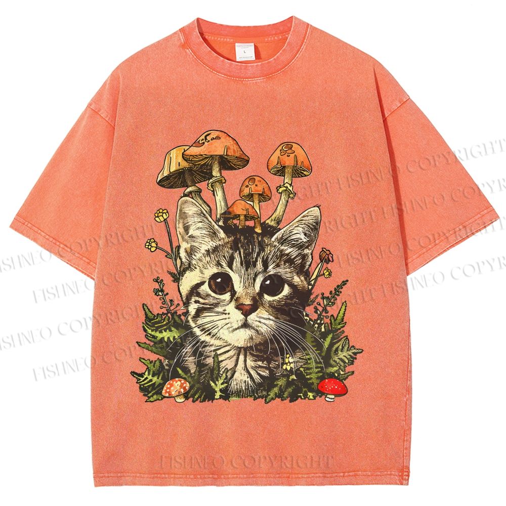 Unisex Mushroom Forest Kitten Printed Washed Tee