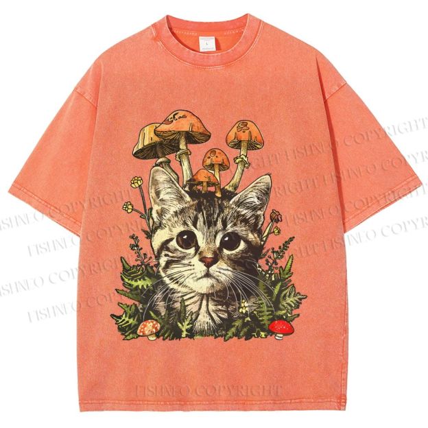 Unisex Mushroom Forest Kitten Printed Washed Tee