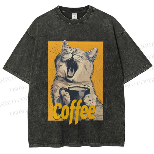 Unisex Coffee Lover Cat Art Printed Washed Tee