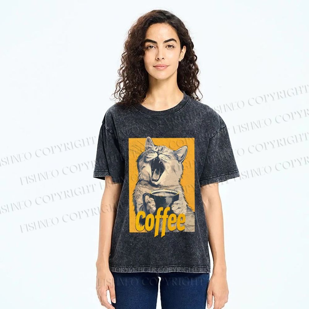 Unisex Coffee Lover Cat Art Printed Washed Tee