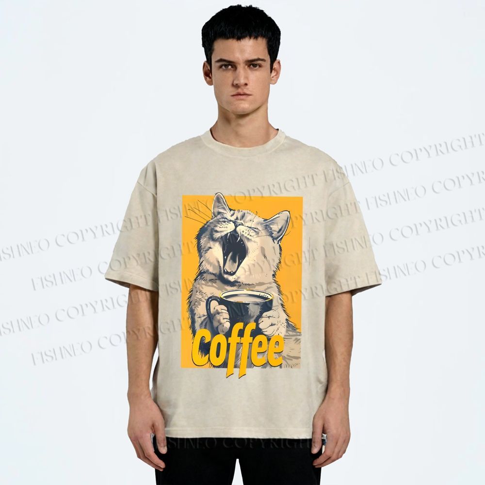 Unisex Coffee Lover Cat Art Printed Washed Tee