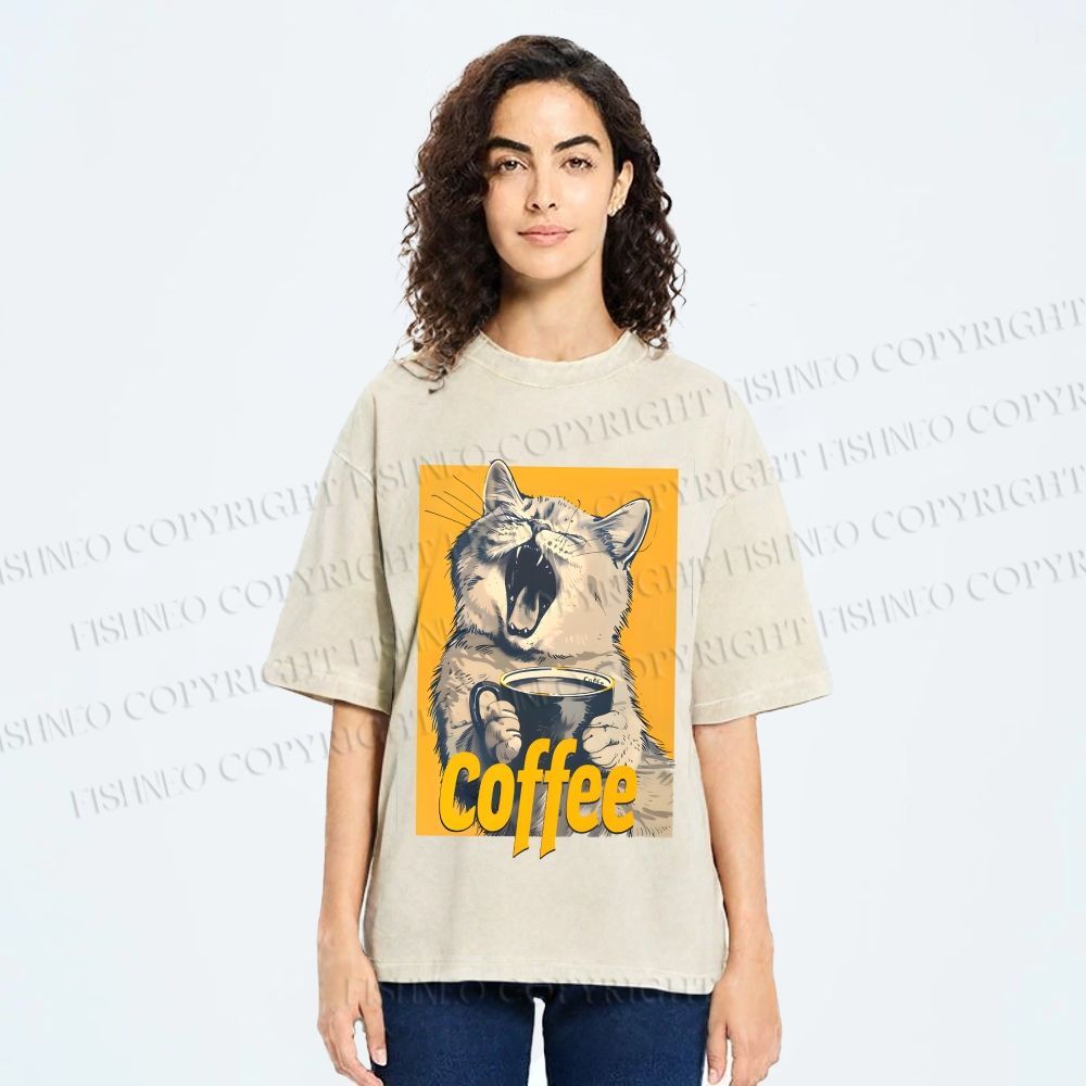 Unisex Coffee Lover Cat Art Printed Washed Tee