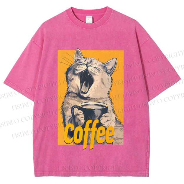 Unisex Coffee Lover Cat Art Printed Washed Tee