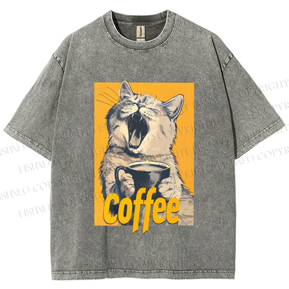 Unisex Coffee Lover Cat Art Printed Washed Tee